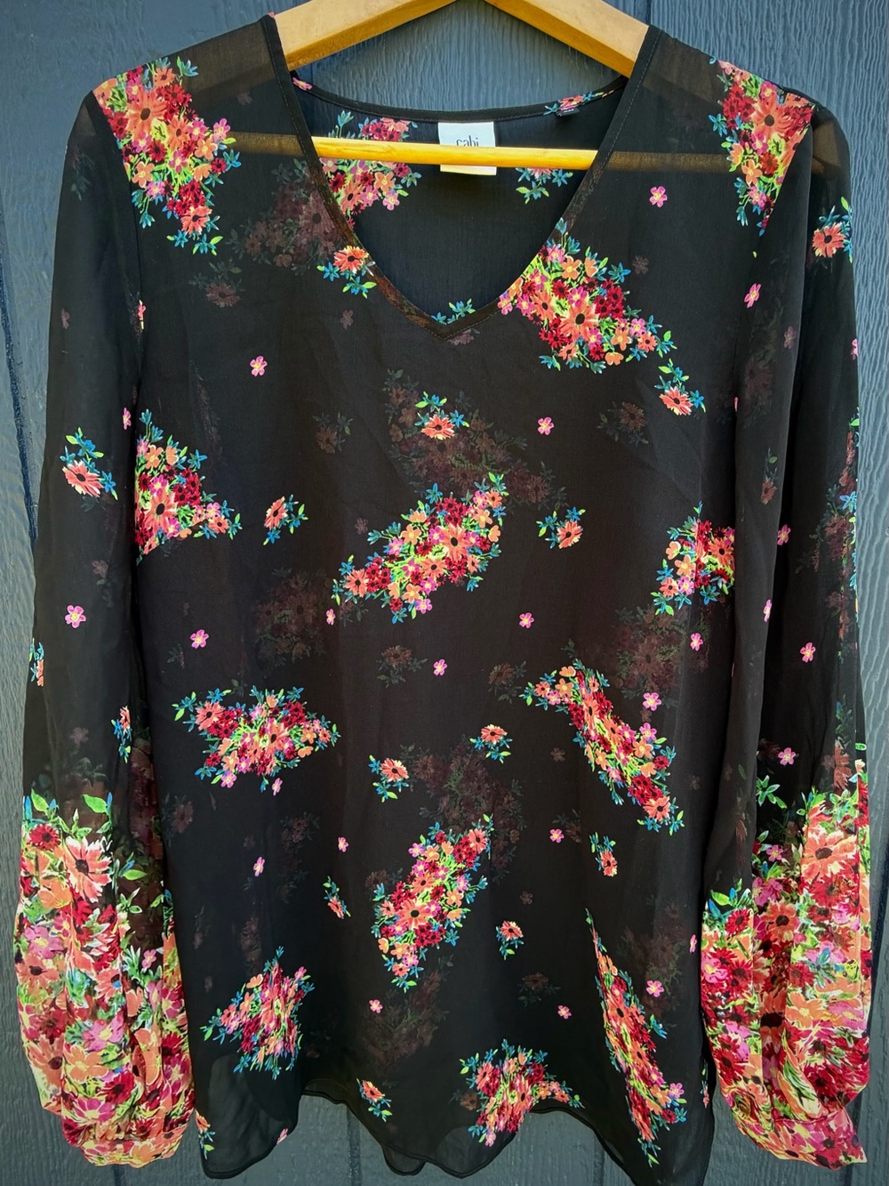 CAbi Sheer Black Floral V-Neck Blouse with Pink & Green Bouquet Print